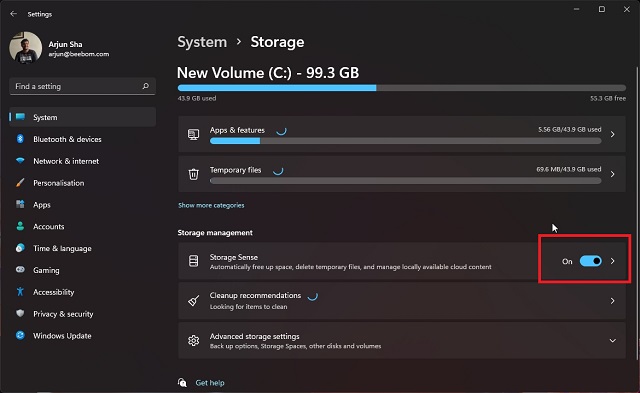 turn on storage sense to speed up windows 11