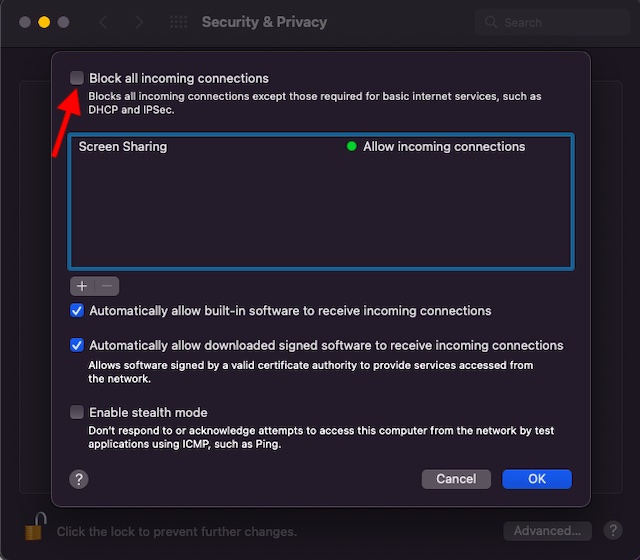 Prevent Firewall from Blocking All Incoming Connections 