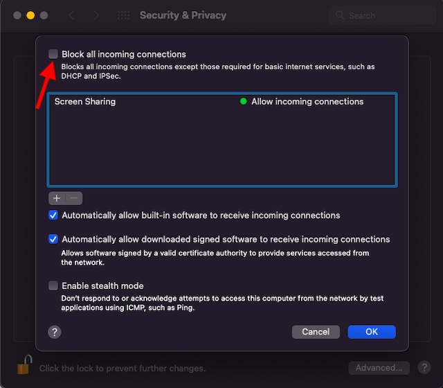 Prevent Firewall from Blocking All Incoming Connections