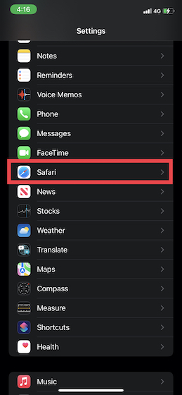 Choose Safari in iOS settings 