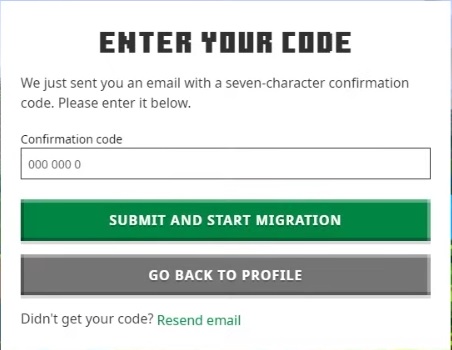 Potvrzovací kód pro migraci účtu Mojang