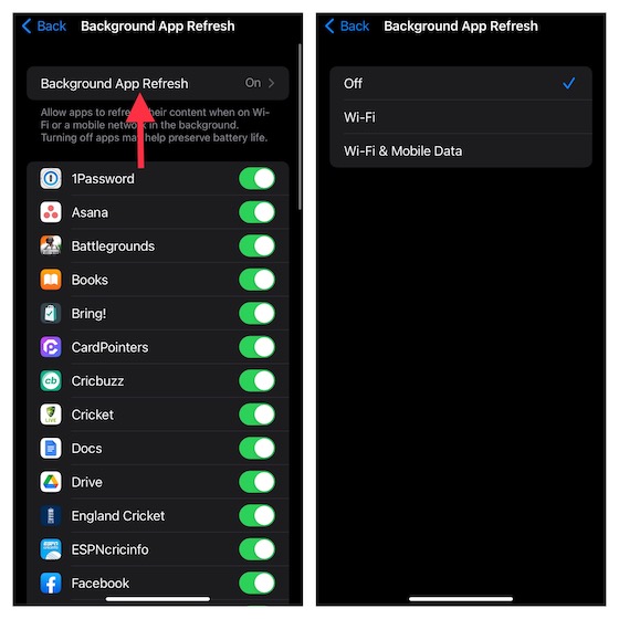 Disable background app refresh on iPhone 