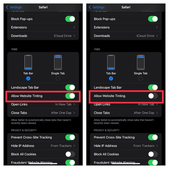 Disallow website tinting in Safari on iPhone