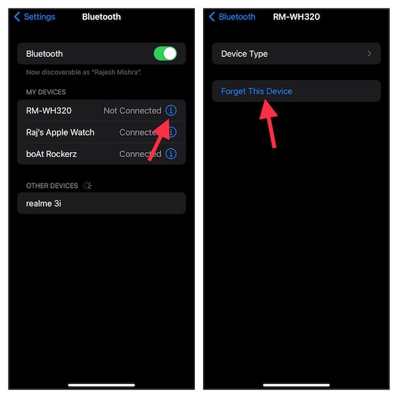 Forget the Bluetooth device and reconnect on iOS 