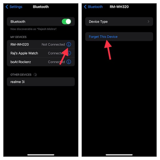 Forget the Bluetooth device and reconnect on iOS