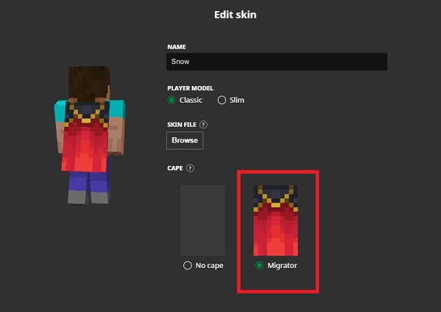 Migrator Cape in Skin Editor