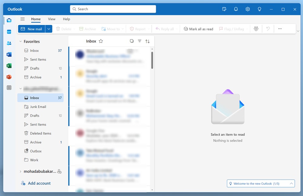 Outlook home page with all emails