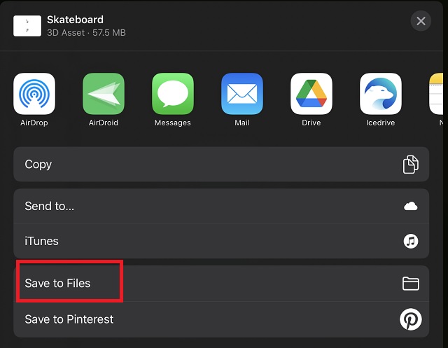 Save to Files option in iPad