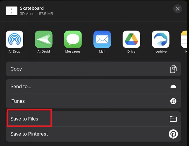 Save to Files option in iPad - Import and Export 3D Models in Procreate