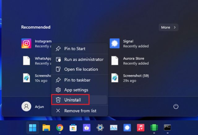 uninstall android app windows 11