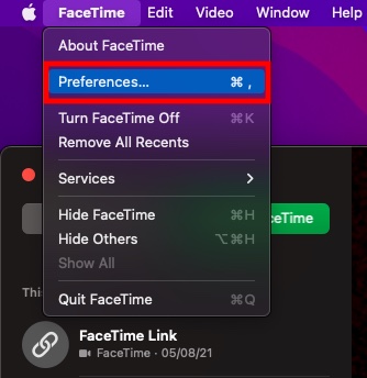 Select Preferences in FaceTime menu on macOS 
