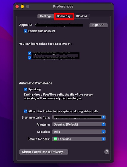 Select SharePlay tab in FaceTime