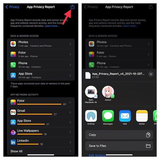 Share App Privacy Report in iOS 15 on iPhone and iPad 