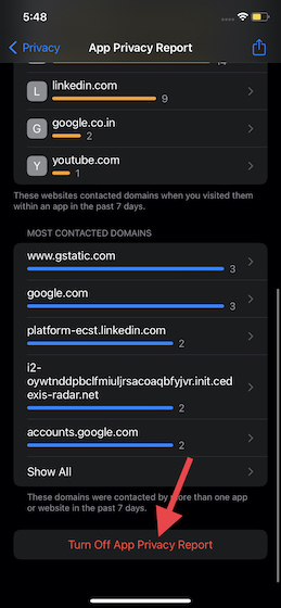 Turn off App Privacy Report in iOS 15 on iPhone and iPad