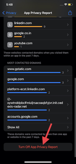 Turn off App Privacy Report in iOS 15 on iPhone and iPad 