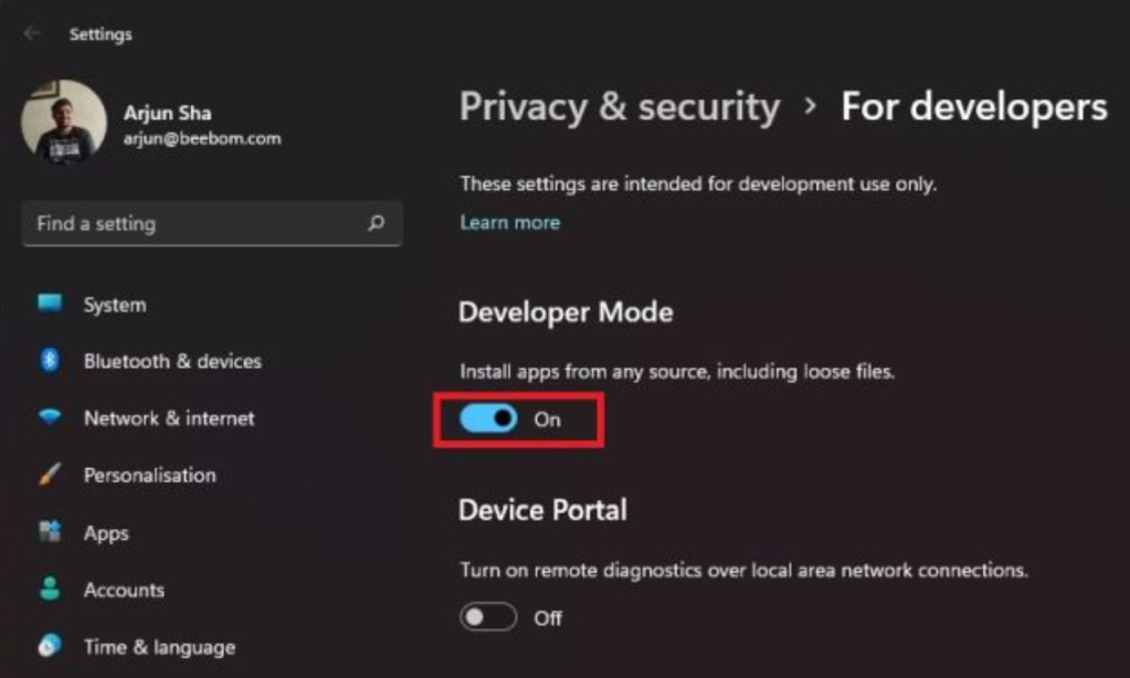 Turn on Developer mode on windows 11