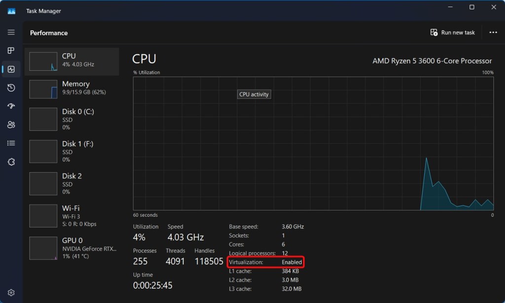 Virtualization enabled in task manager