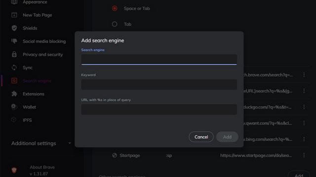 add search engine with keyword and URL