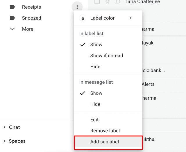add sublabel in gmail web