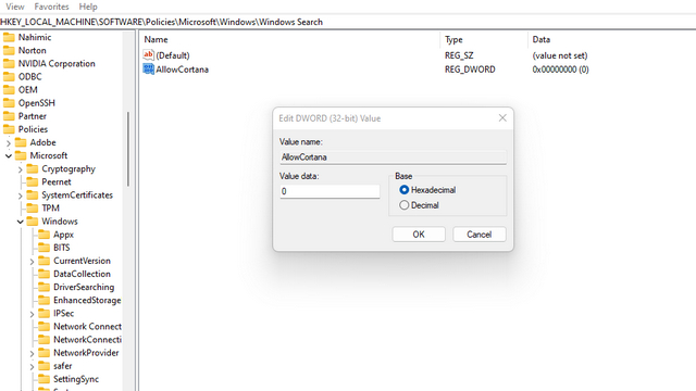 allowcortana registry value