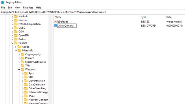 allowcortana registry