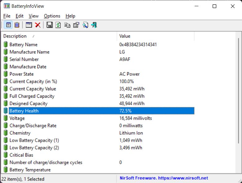 batteryinfoview app in windows to check battery health