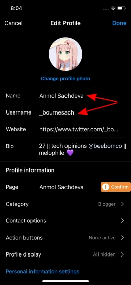 change instagram name ios