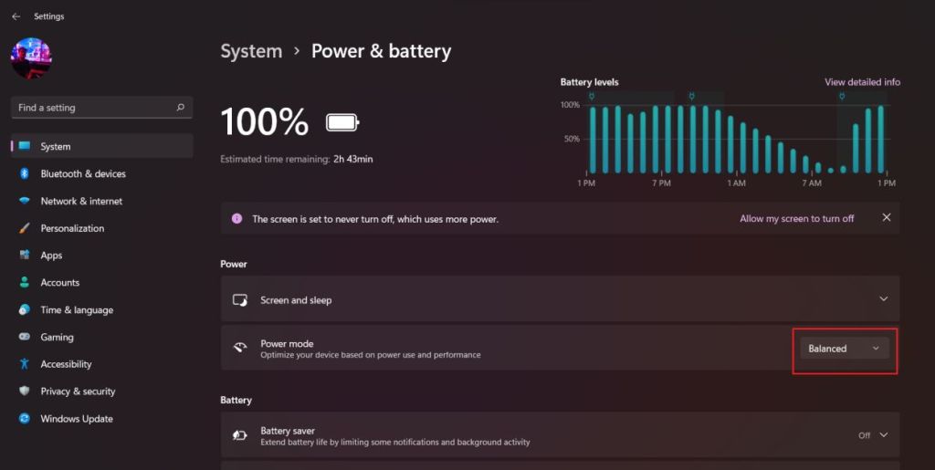 change power mode to balanced in windows 11