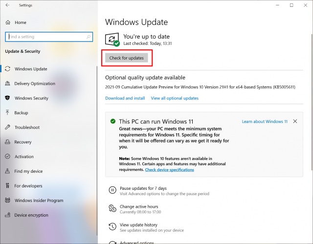 Checking for updates in Windows 10