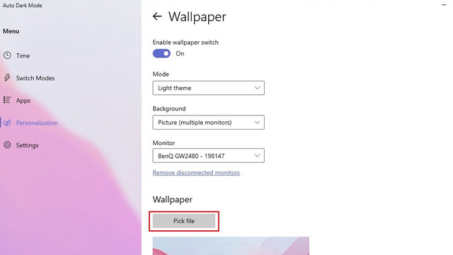 choose wallpaper for monitor while scheduling dark theme Windows 11