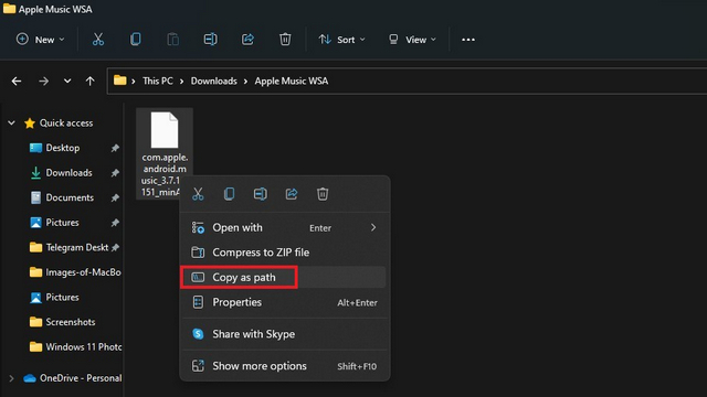 copy path of apple music - install Apple Music on Windows 11