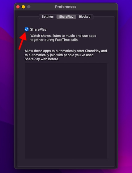Ensure that the SharePlay checkbox is ticked