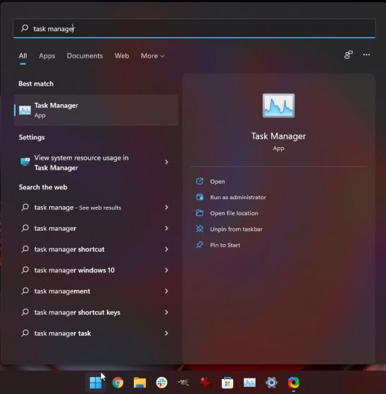 opening task manager from start menu