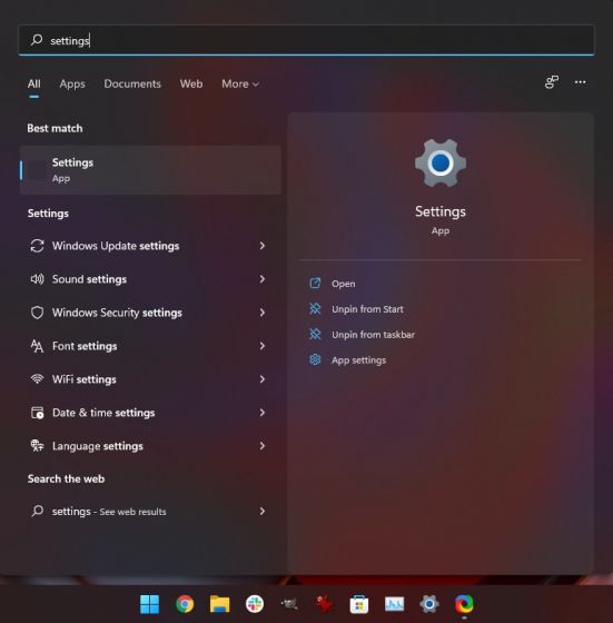 opening settings app from start menu