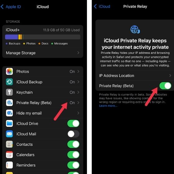 قم بتمكين iCloud Private Relay