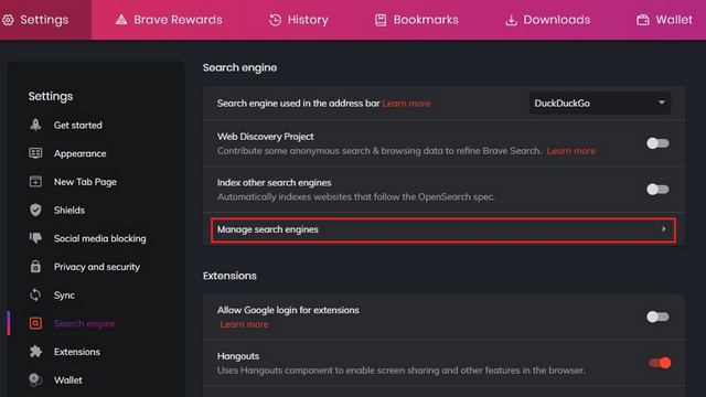 manage search engines brave