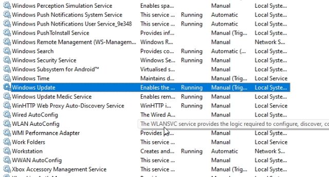 Windows Update section under Services