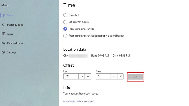 offset sunrise time for scheduling dark theme windows 11