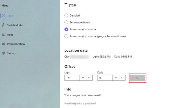 offset sunrise time for scheduling dark theme windows 11 