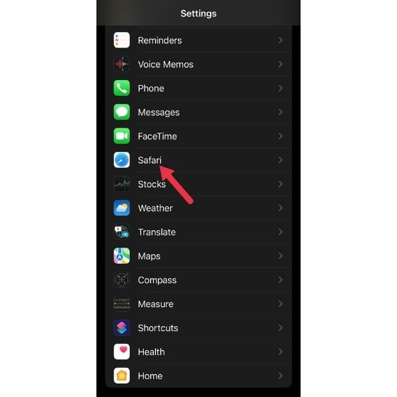 Safari option in Settings