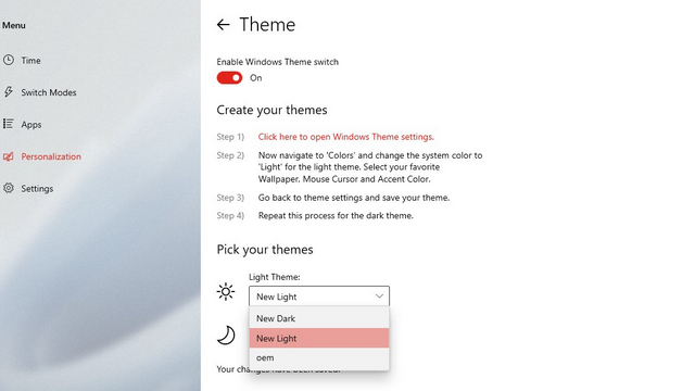 select the created theme while switching to scheduled dark theme in Windows 11