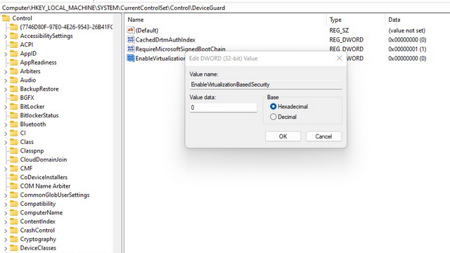 set EnableVirtualizationBasedSecurity to 0 to Disable VBS in Windows 11