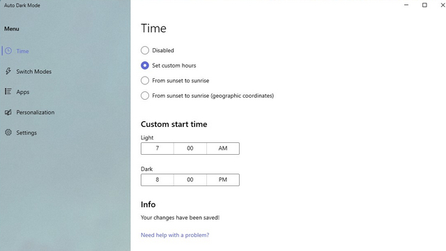 set custom hours to schedule dark theme Windows 11
