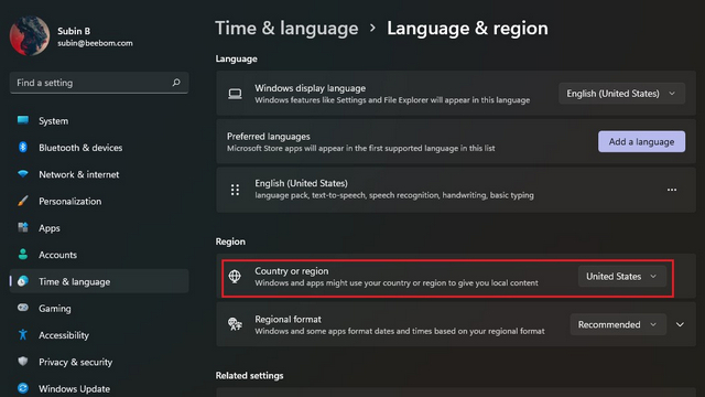 set region to U.S. win11