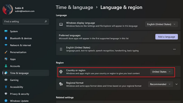 Set Region To U.s. Win11