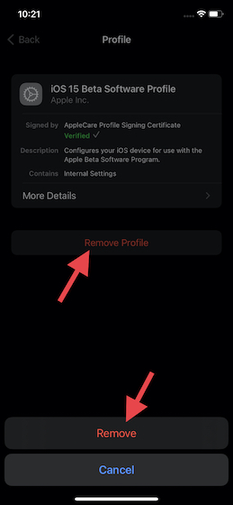 tap on the Remove Profile and then restart your device.