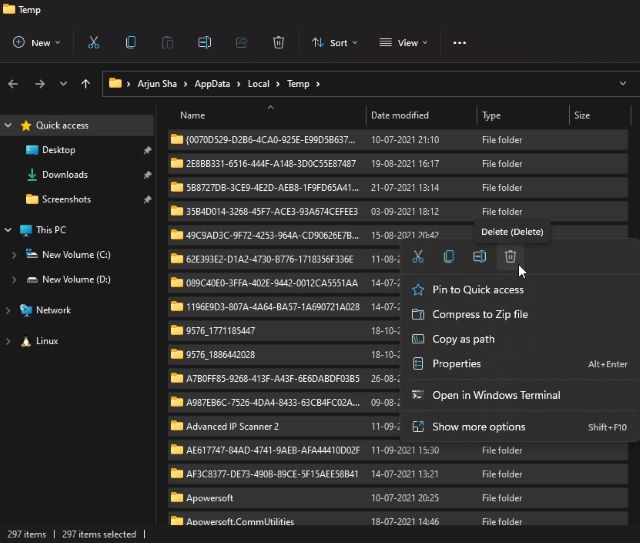 temporary files shown in windows explorer