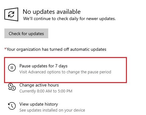 Pause updates via Settings