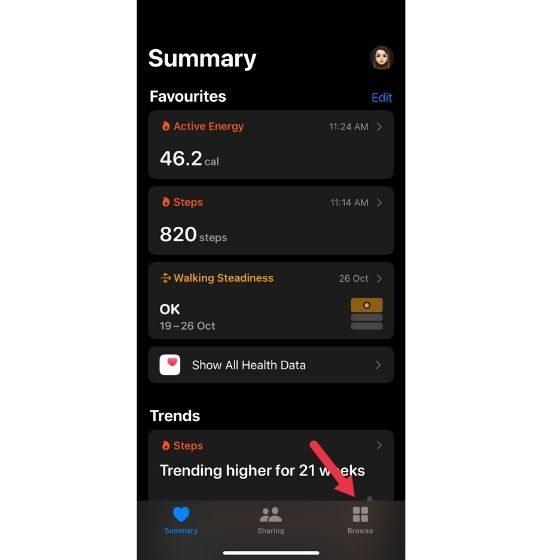 Browse section in Health app