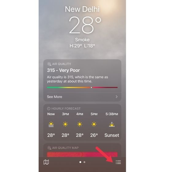 List of Locations option in Weather app